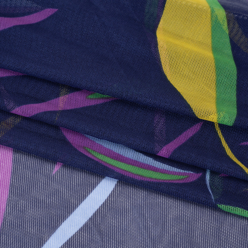 Polyester Stretch Mesh - Navy Blue, Purple and Green Leaf Party - Designer Deadstock - Folded