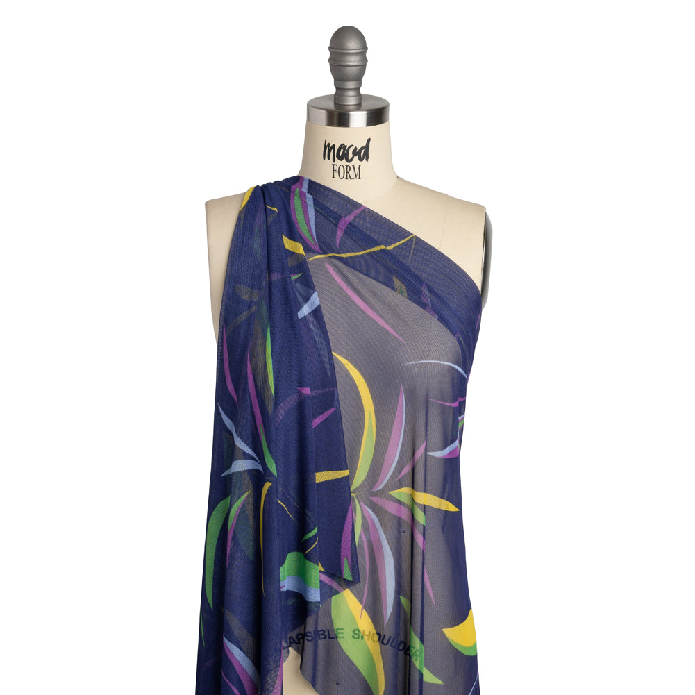Polyester Stretch Mesh - Navy Blue, Purple and Green Leaf Party - Designer Deadstock - Drape
