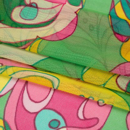 Polyester Stretch Mesh Print - Pink, Yellow and Green Retro Florals and Paisley - Designer Deadstock