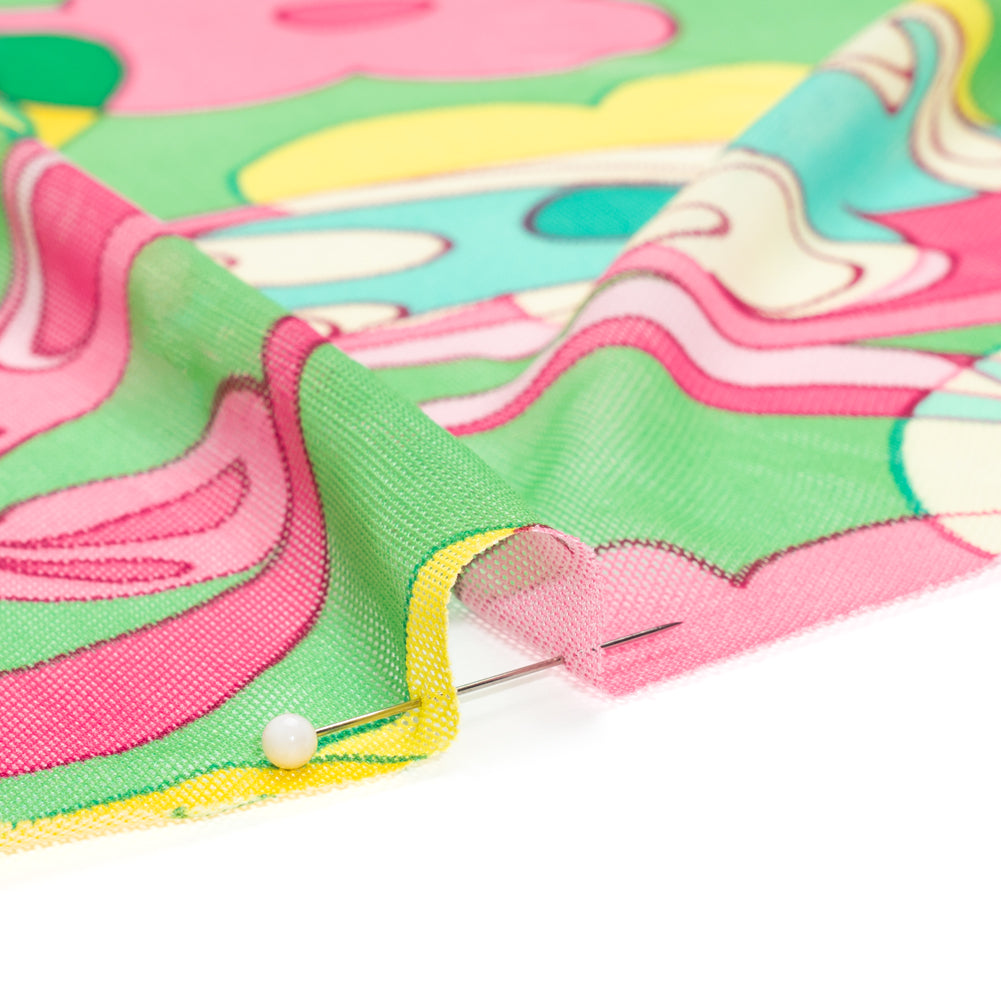 Polyester Stretch Mesh Print - Pink, Yellow and Green Retro Florals and Paisley - Designer Deadstock