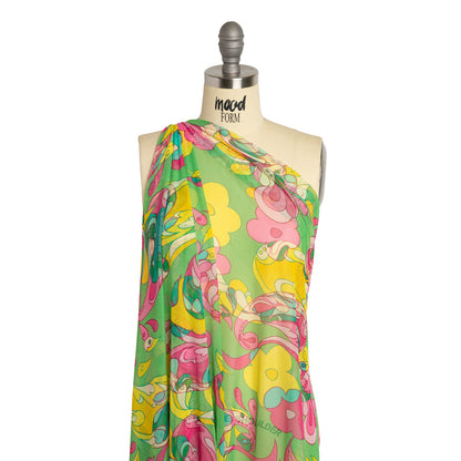 Polyester Stretch Mesh Print - Pink, Yellow and Green Retro Florals and Paisley - Designer Deadstock