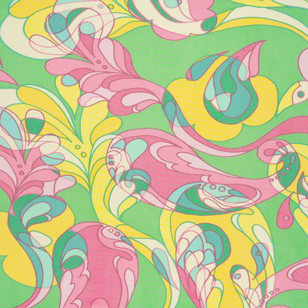Polyester Stretch Mesh Print - Pink, Yellow and Green Retro Florals and Paisley - Designer Deadstock