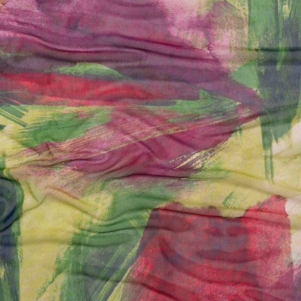 Polyester Stretch Mesh - Green, Berry Red and Butterceam Painted Palm Leaves - Designer Deadstock