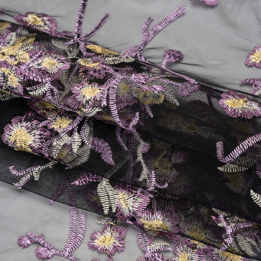 Embroidered Lace on Black Tulle - Lilac, Butter Yellow and White Floral - Designer Deadstock