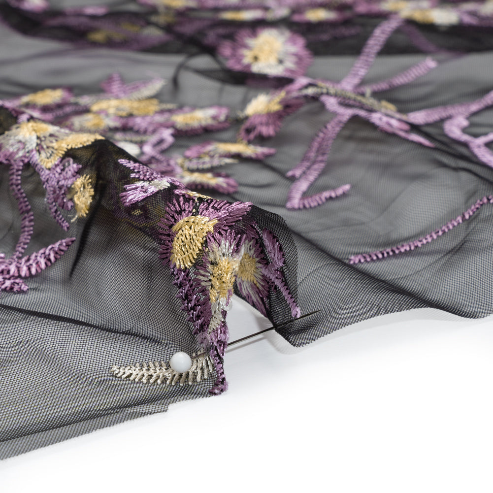 Embroidered Lace on Black Tulle - Lilac, Butter Yellow and White Floral - Designer Deadstock