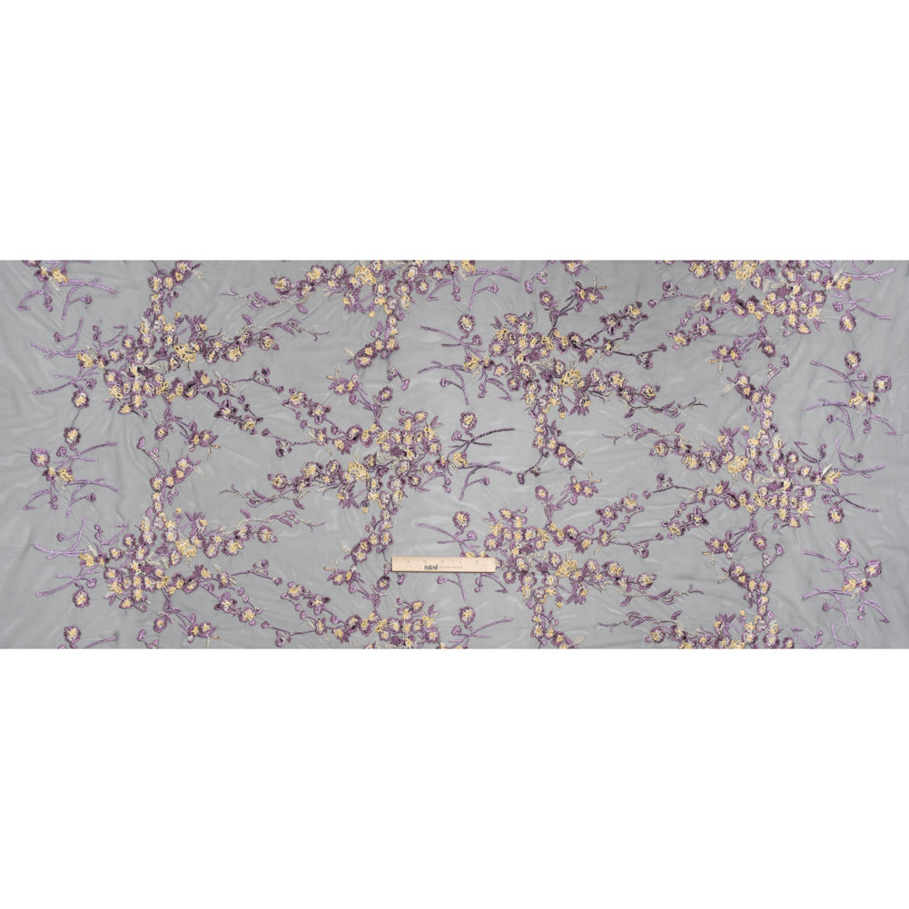 Embroidered Lace on Black Tulle - Lilac, Butter Yellow and White Floral - Designer Deadstock