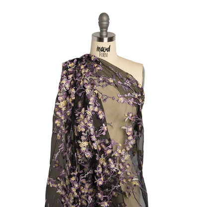 Embroidered Lace on Black Tulle - Lilac, Butter Yellow and White Floral - Designer Deadstock