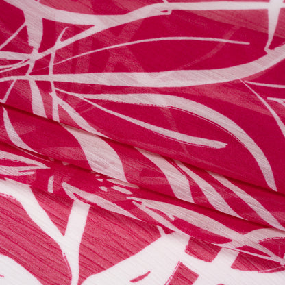Crinkled Polyester Chiffon - Magenta and White Floral Drawings - Designer Deadstock