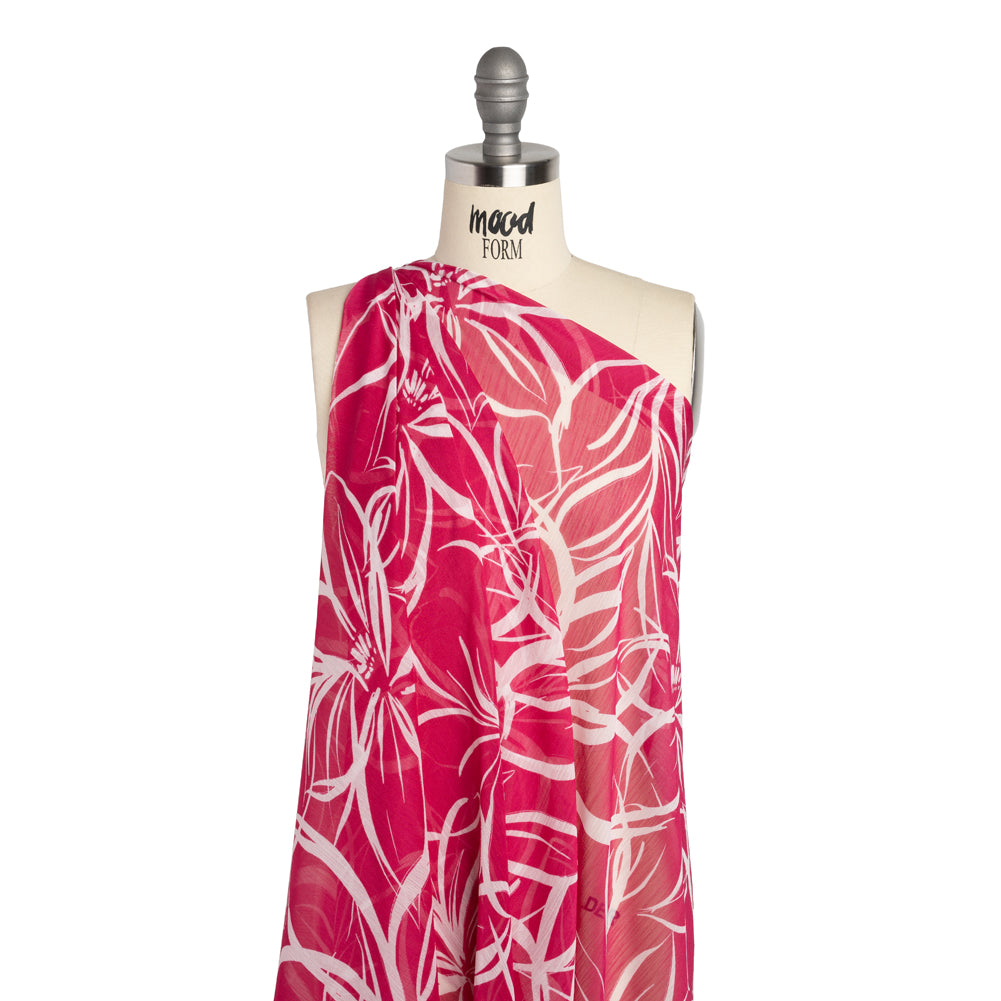 Crinkled Polyester Chiffon - Magenta and White Floral Drawings - Designer Deadstock