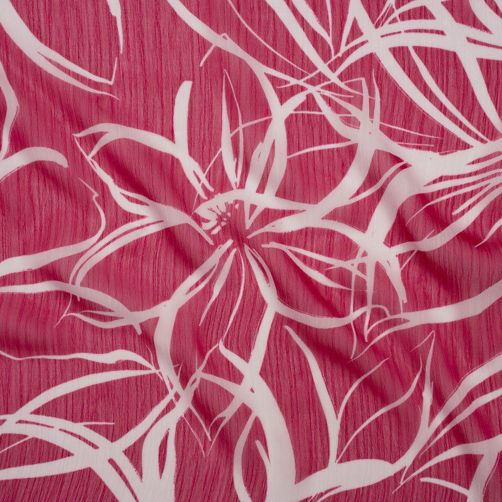 Crinkled Polyester Chiffon - Magenta and White Floral Drawings - Designer Deadstock