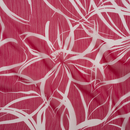 Crinkled Polyester Chiffon - Magenta and White Floral Drawings - Designer Deadstock