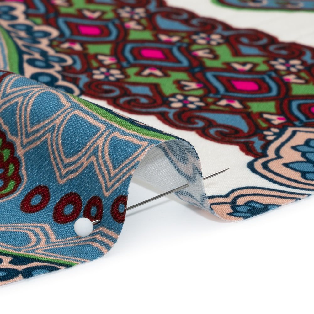 Rayon Twill - Blue, Red and Peachy Beige Paisley - Designer Deadstock - Detail
