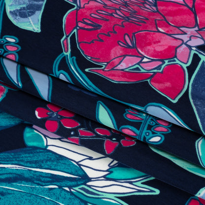 Washed Polyester Woven - Navy Blue, Mint Green and Magenta Pink Floral - Designer Deadstock