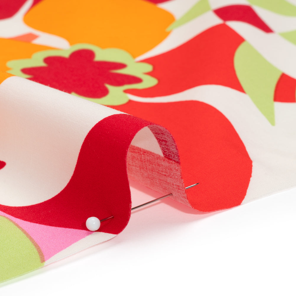 Stretch Cotton Poplin - Red, Orange and Lime Green Floral - Designer Deadstock