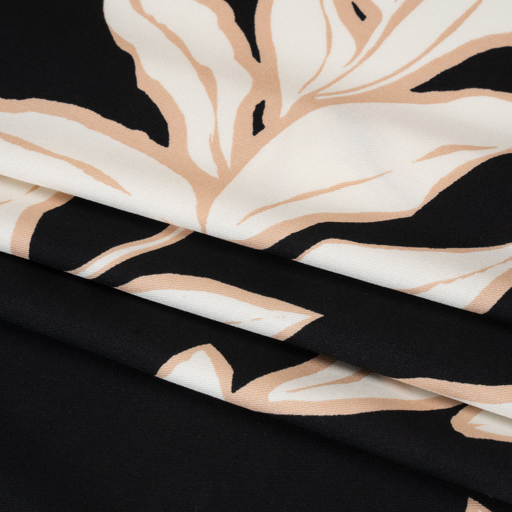 Rayon Twill - Black, Beige and White Floral - Designer Deadstock