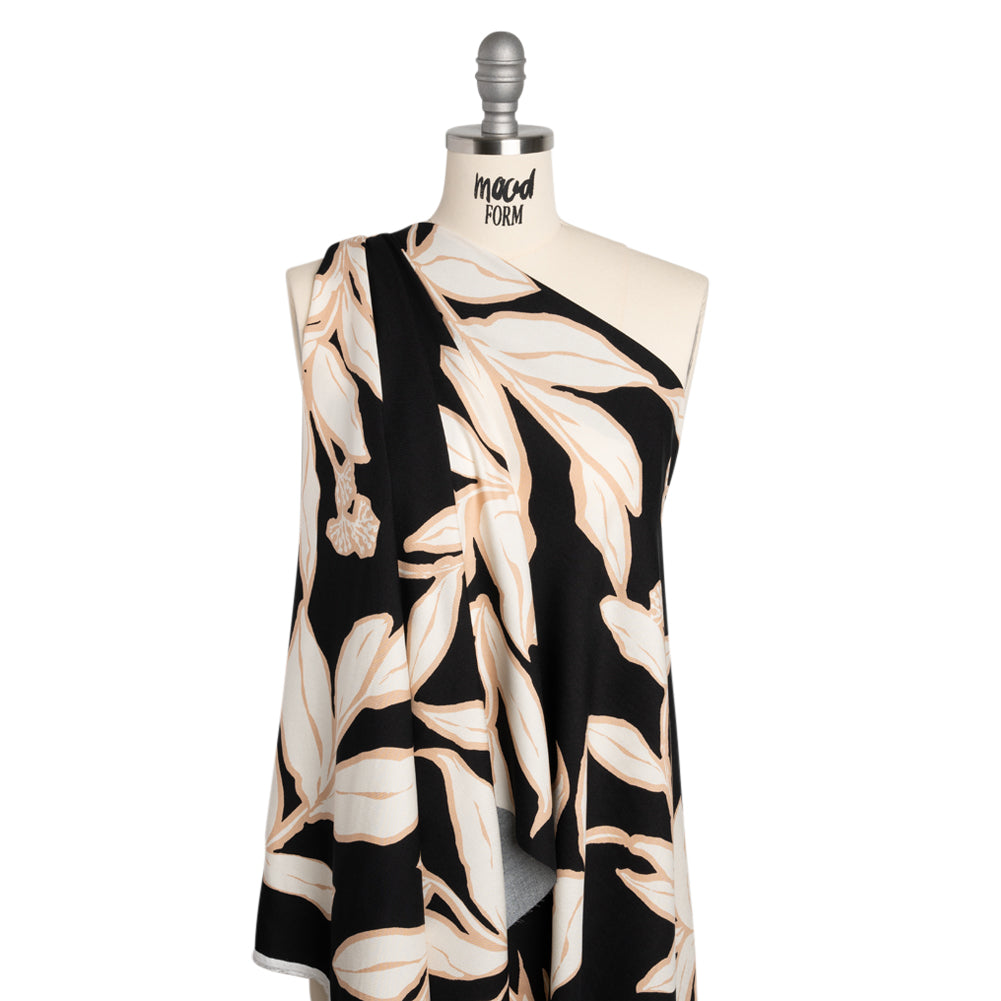 Rayon Twill - Black, Beige and White Floral - Designer Deadstock