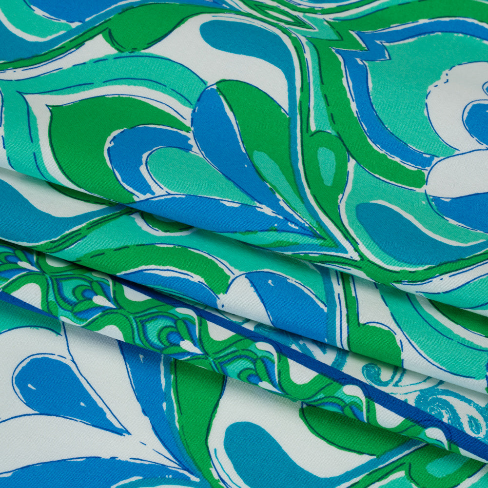 Stretch Cotton Sateen Panel - Blue, Turquoise and Kelly Green Floral Ogees and Stripes - Designer Deadstock