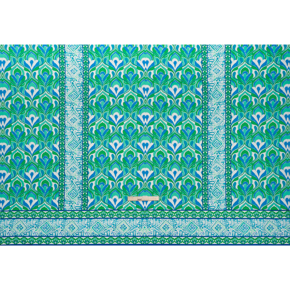 Stretch Cotton Sateen Panel - Blue, Turquoise and Kelly Green Floral Ogees and Stripes - Designer Deadstock