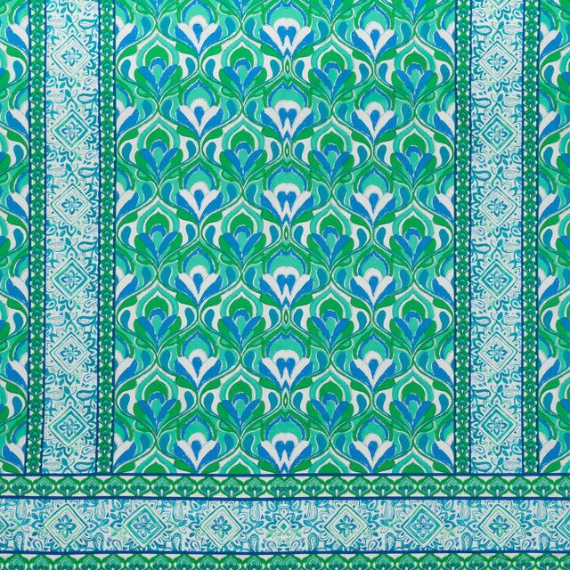 Stretch Cotton Sateen Panel - Blue, Turquoise and Kelly Green Floral Ogees and Stripes - Designer Deadstock