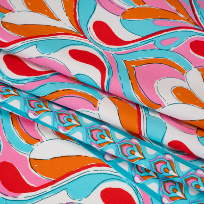 Stretch Cotton Sateen Panel - Turquoise, Pink and Orange Floral Ogees and Stripes - Designer Deadstock