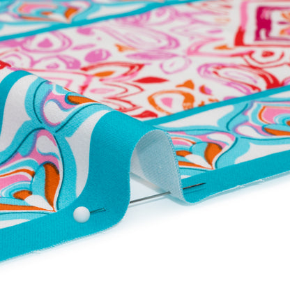 Stretch Cotton Sateen Panel - Turquoise, Pink and Orange Floral Ogees and Stripes - Designer Deadstock