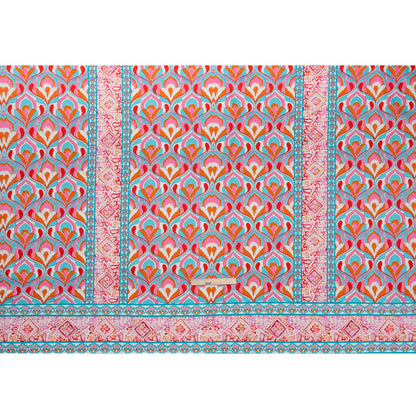 Stretch Cotton Sateen Panel - Turquoise, Pink and Orange Floral Ogees and Stripes - Designer Deadstock