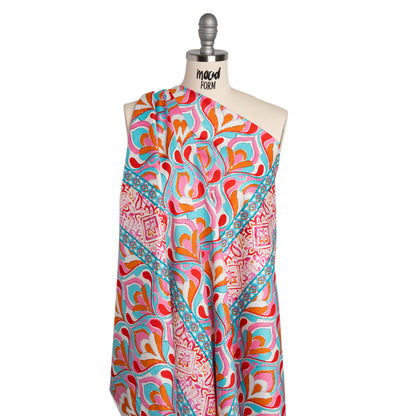 Stretch Cotton Sateen Panel - Turquoise, Pink and Orange Floral Ogees and Stripes - Designer Deadstock