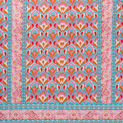 Stretch Cotton Sateen Panel - Turquoise, Pink and Orange Floral Ogees and Stripes - Designer Deadstock