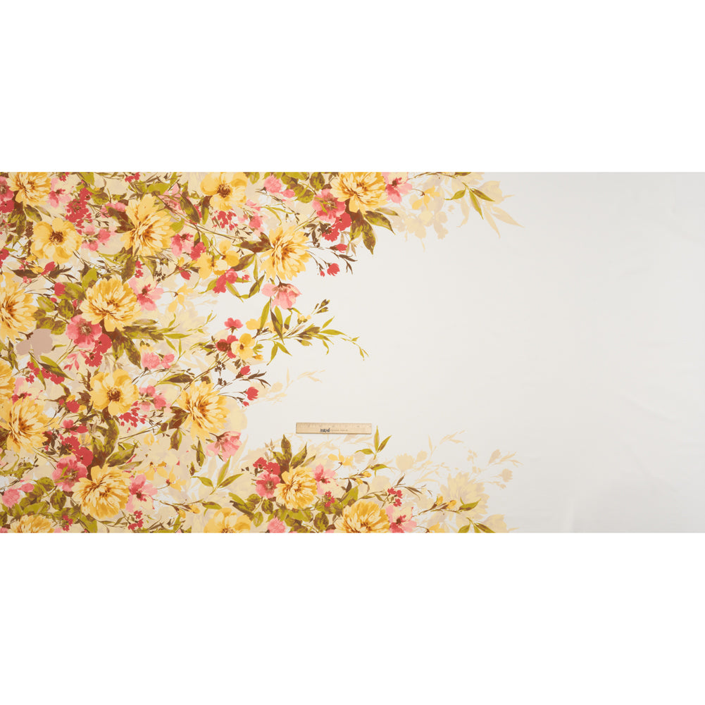 Stretch Polyester Crepe Double Knit - Ivory, Butter Yellow and Rose Pink Floral Border - Designer Deadstock