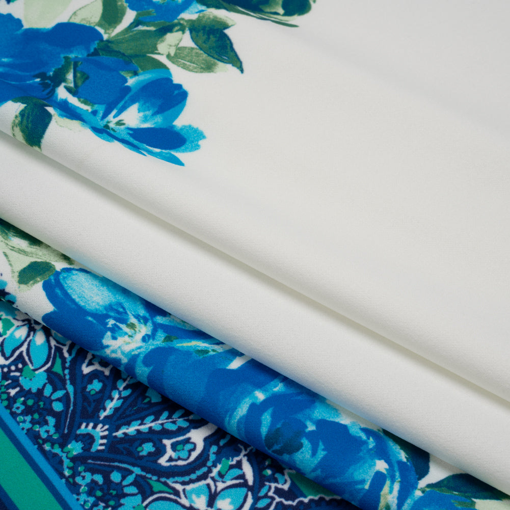 Stretch Polyester Crepe Double Knit Panel - Blue, Green and ivory Floral Border - Designer Deadstock