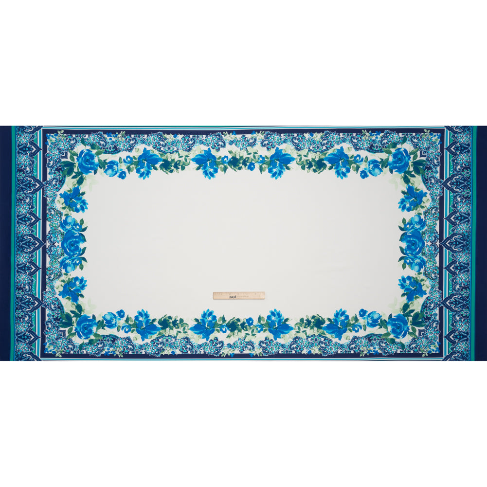 Stretch Polyester Crepe Double Knit Panel - Blue, Green and ivory Floral Border - Designer Deadstock