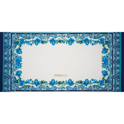Stretch Polyester Crepe Double Knit Panel - Blue, Green and ivory Floral Border - Designer Deadstock