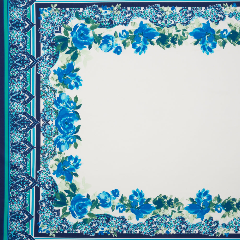 Stretch Polyester Crepe Double Knit Panel - Blue, Green and ivory Floral Border - Designer Deadstock