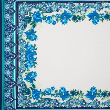 Stretch Polyester Crepe Double Knit Panel - Blue, Green and ivory Floral Border - Designer Deadstock