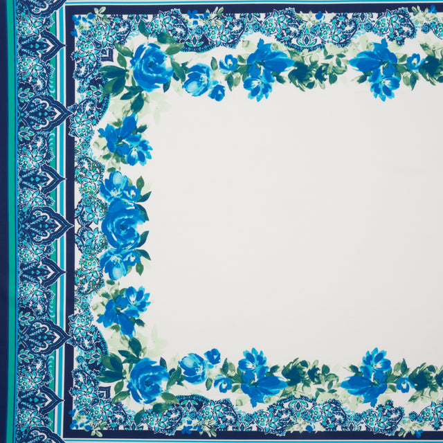 Stretch Polyester Crepe Double Knit Panel - Blue, Green and ivory Floral Border - Designer Deadstock