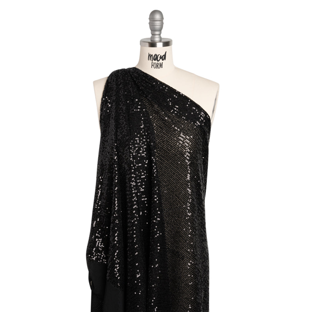 Stretch Mesh with Baby Sequin Rows - Black on Black - Designer Deadstock