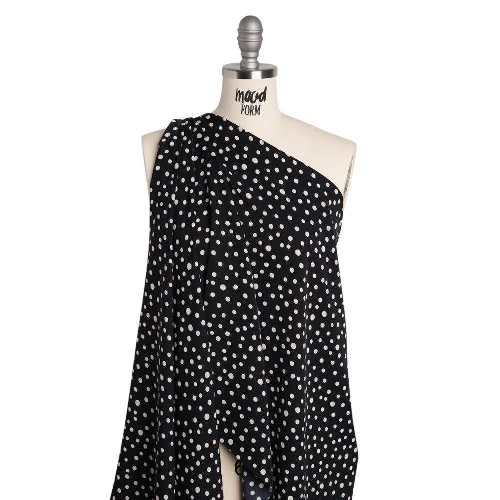 Fluid Polyester Twill - Midnight and Ivory Painted Dots - Designer Deadstock