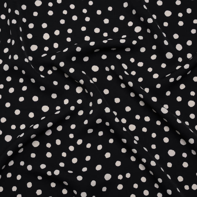 Fluid Polyester Twill - Midnight and Ivory Painted Dots - Designer Deadstock