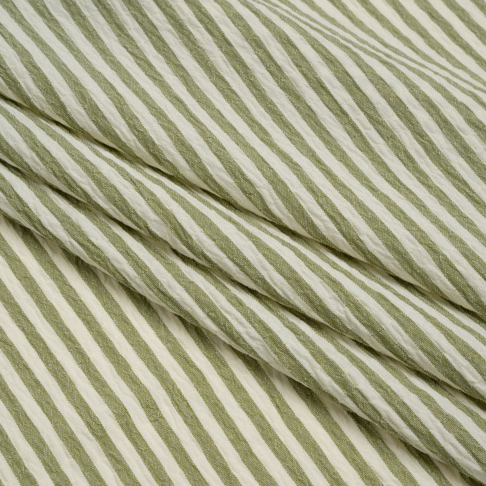 Ruched Polyester and Rayon Woven - Olive Green and Ivory Candy Stripes - Designer Deadstock