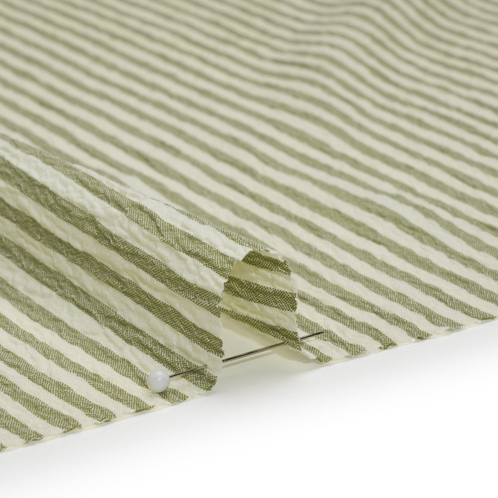 Ruched Polyester and Rayon Woven - Olive Green and Ivory Candy Stripes - Designer Deadstock