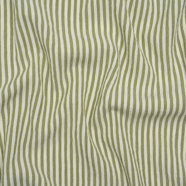Ruched Polyester and Rayon Woven - Olive Green and Ivory Candy Stripes - Designer Deadstock