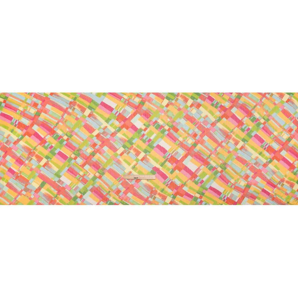 Crinkled Polyester Chiffon Print - Yellow, Lime Green and Pink Painted Plaid - Designer Deadstock