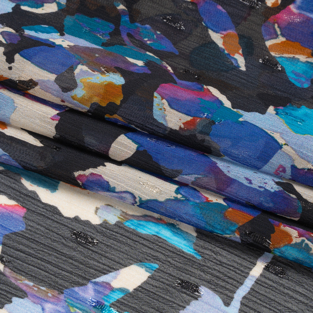 Crinkled Polyester Chiffon with Metallic Dots - Navy, Blue and Orange Abstracted Florals - Made in Italy Folded