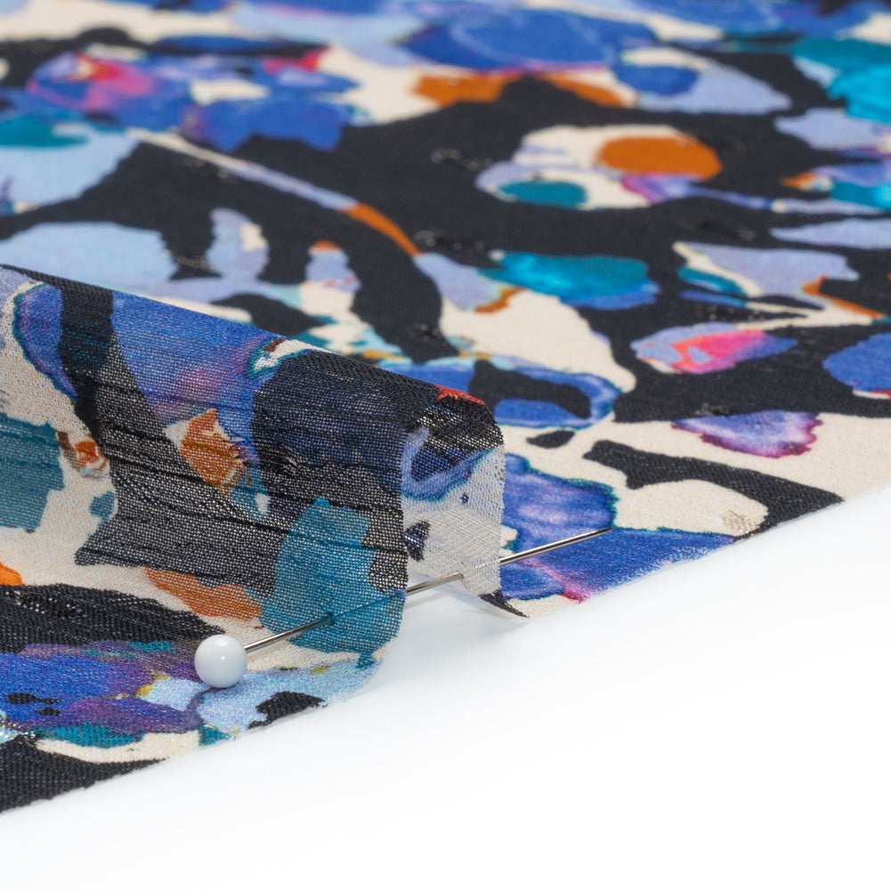 Crinkled Polyester Chiffon with Metallic Dots - Navy, Blue and Orange Abstracted Florals - Made in Italy Detail