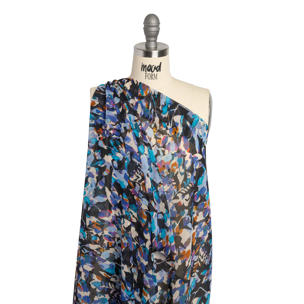 Crinkled Polyester Chiffon with Metallic Dots - Navy, Blue and Orange Abstracted Florals - Made in Italy Drape