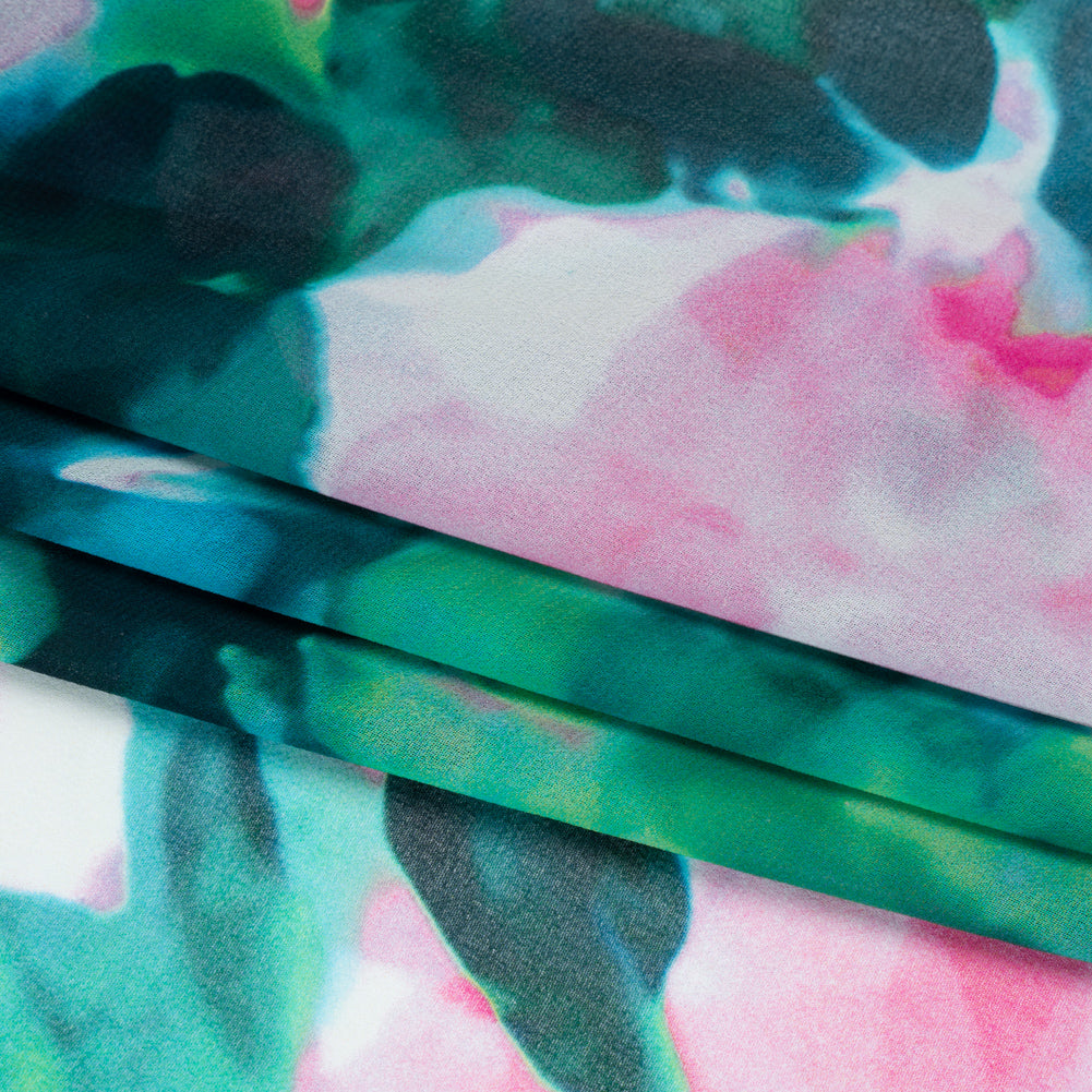 Polyester Chiffon - Pink and Green Floral - Made in Italy Folded