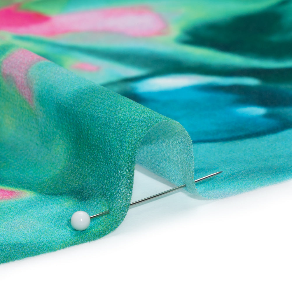 Polyester Chiffon - Pink and Green Floral - Made in Italy Detail