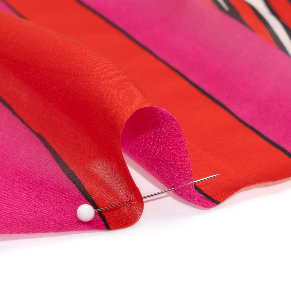 Polyester Voile Panel - Pink, Red and Cream Stripes and Hypnotic Squares - Made in Italy Detail