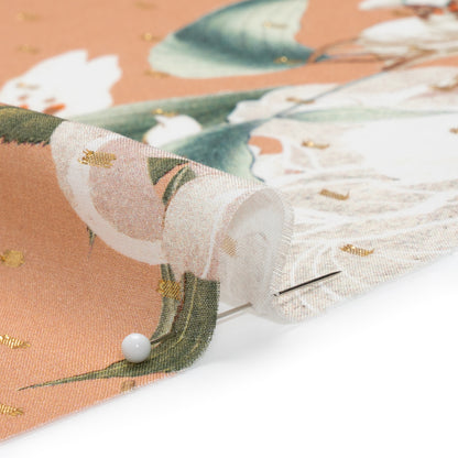 Rayon Batiste with Metallic Dots - Peach, White and Green Floral Folded