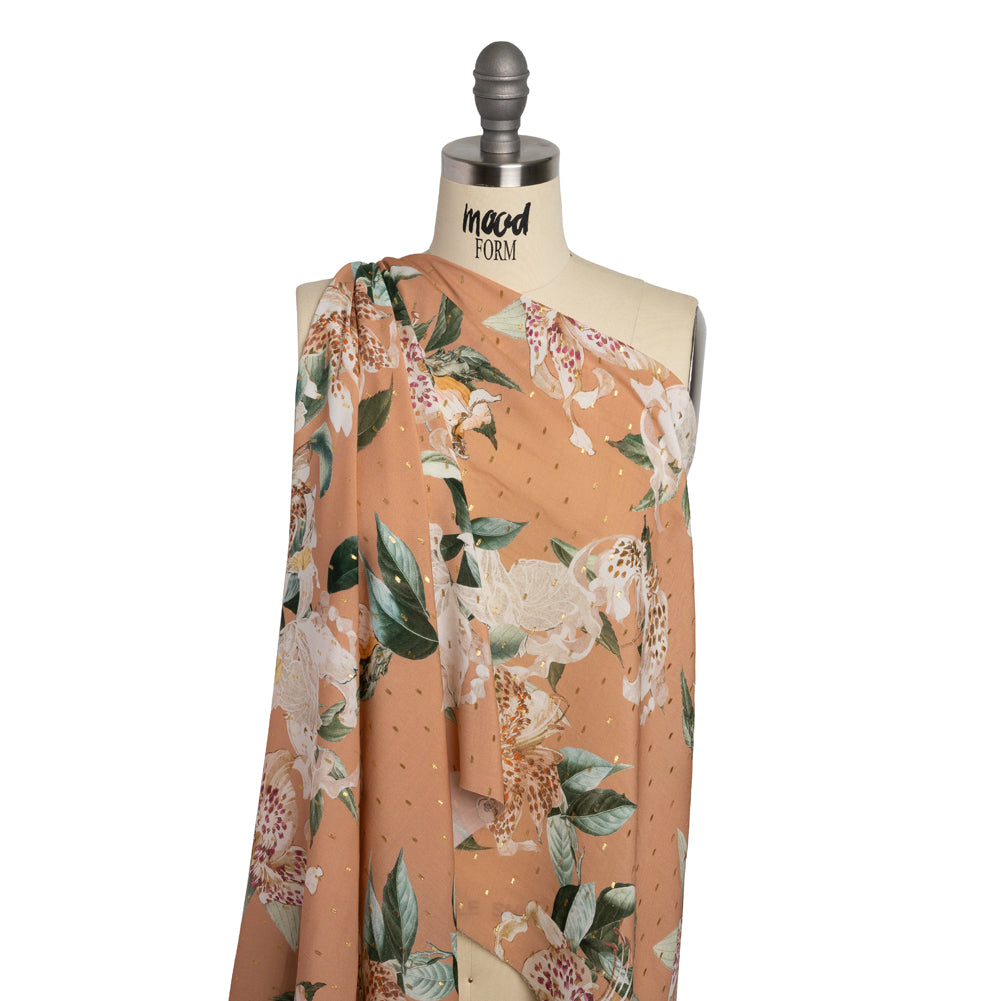 Rayon Batiste with Metallic Dots - Peach, White and Green Floral Detail
